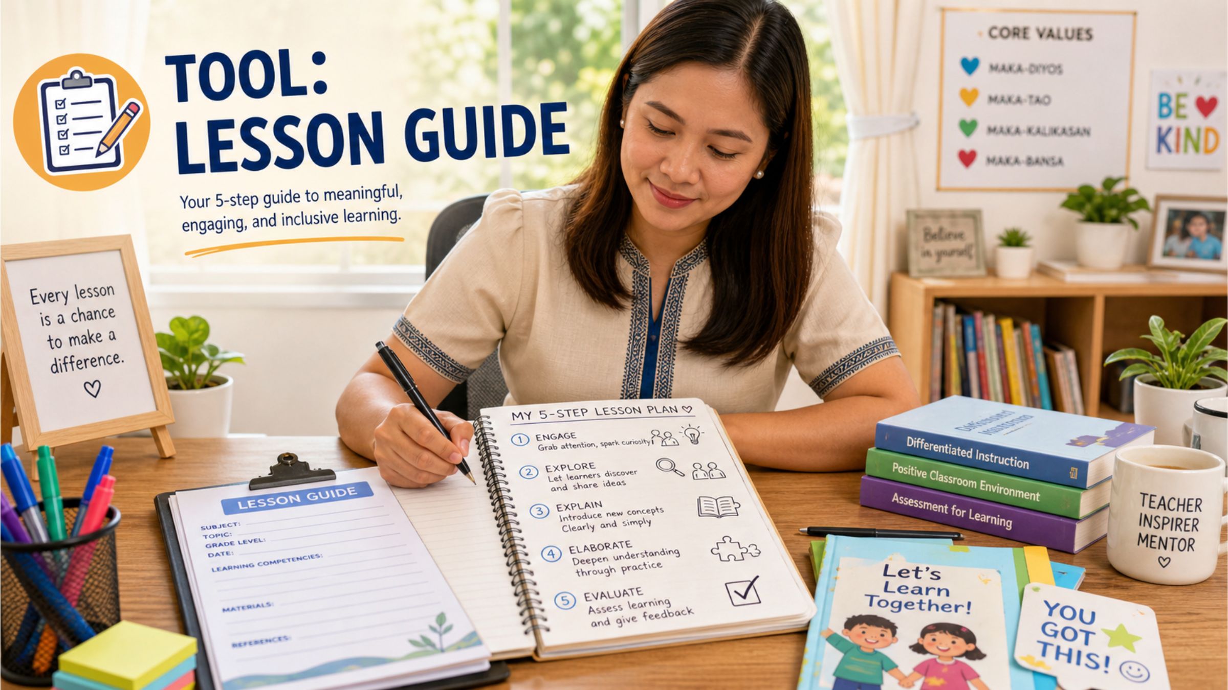 Teacher reviewing a lesson plan, learner work and possible teaching improvements