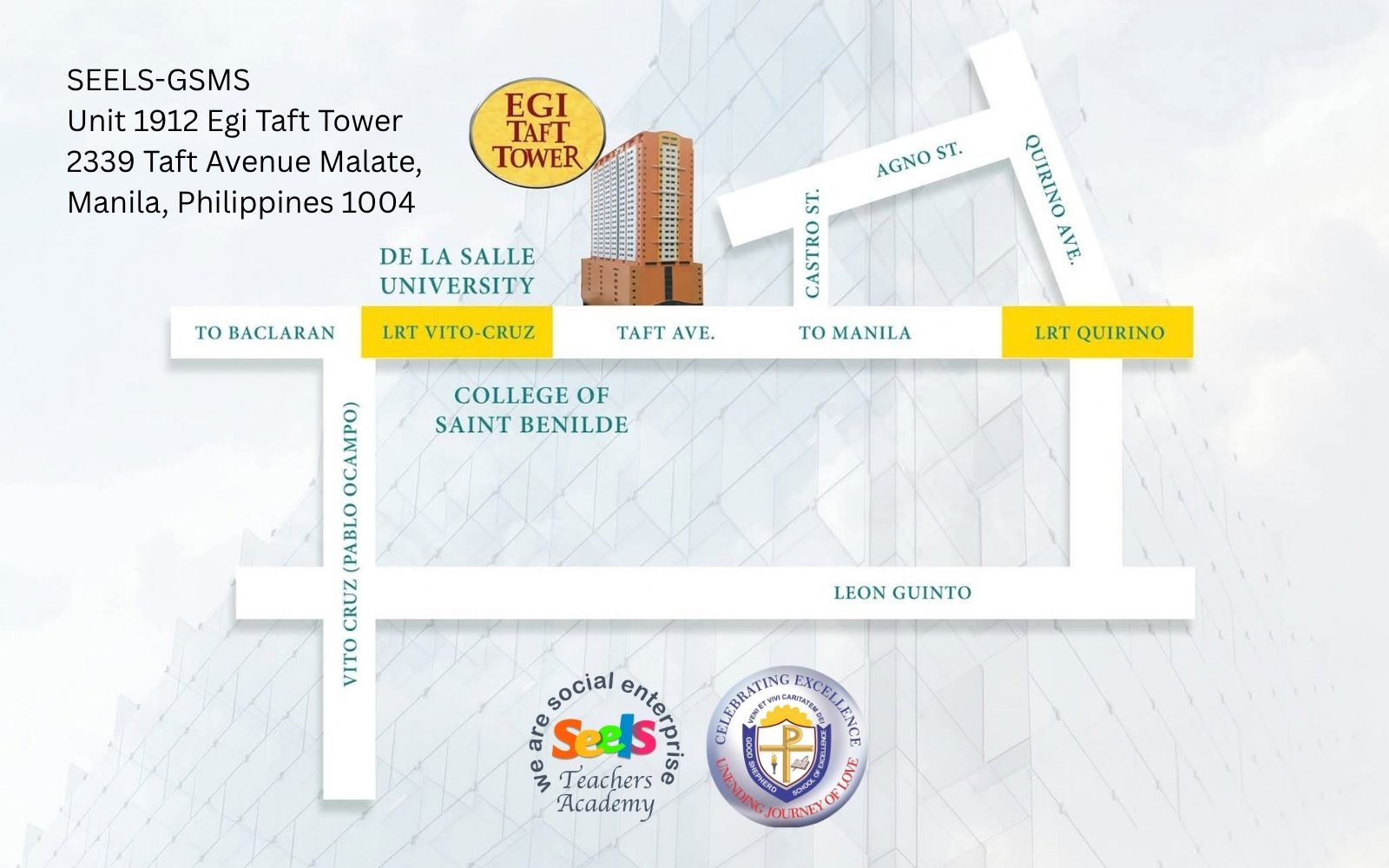 Location map of SEELS Training Center at EGI Taft Tower, Taft Avenue, Malate, Manila