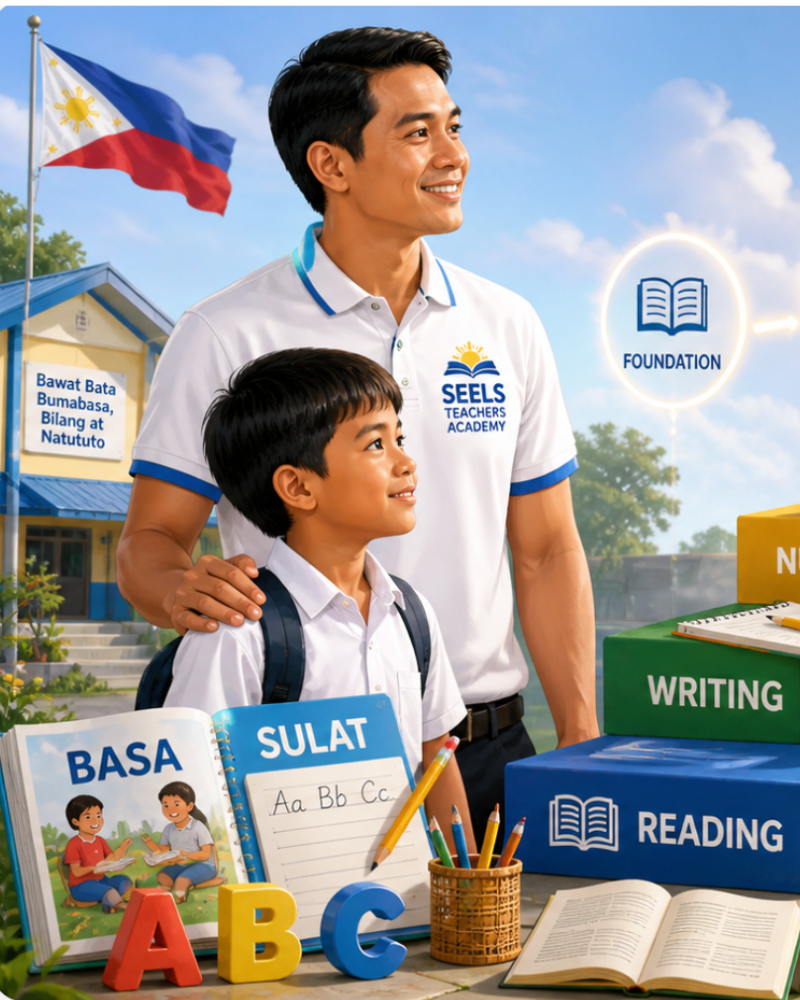 Parent or home tutor guiding a child in Filipino and English literacy