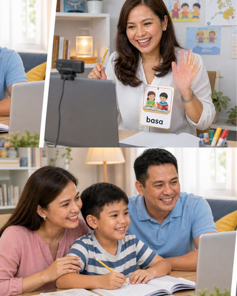 Teacher conducting an online or hybrid Filipino and English literacy lesson