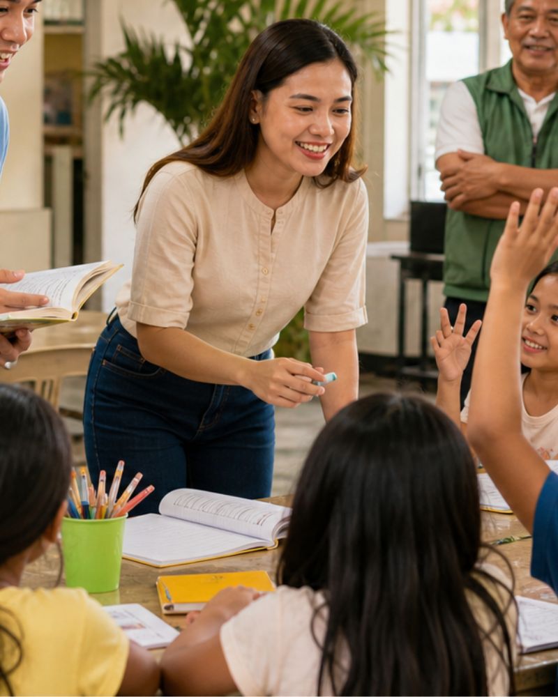 Teacher guiding a small group of children in Filipino and English literacy activities
