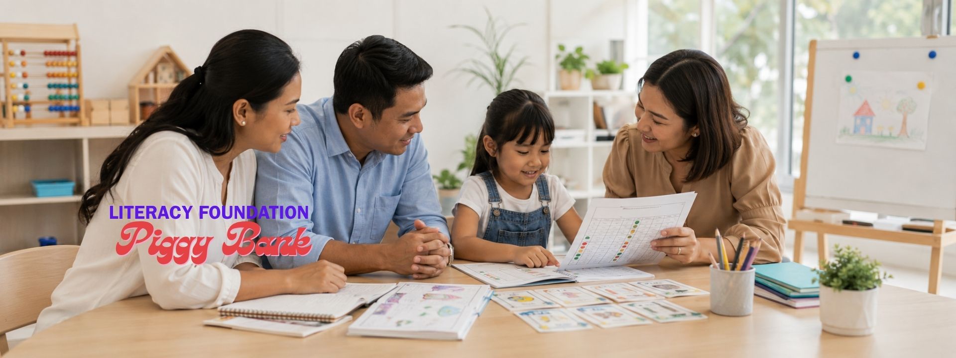 Children, teachers, and families reviewing literacy progress together